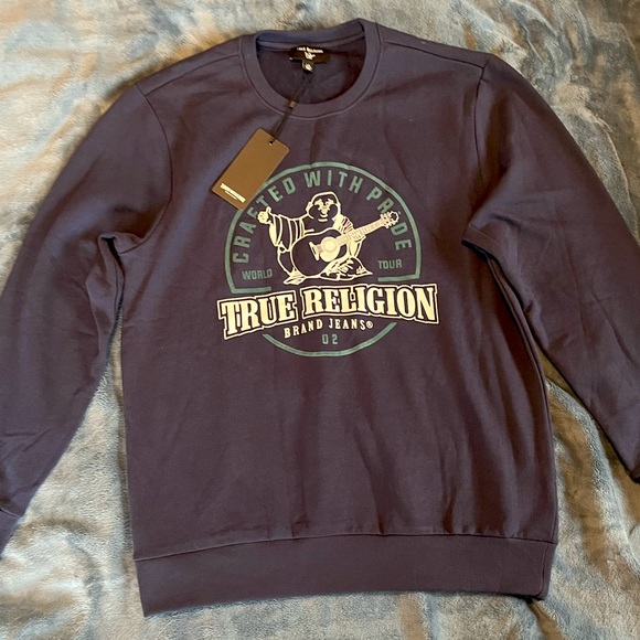 Mens True Religion Pullover Crewneck Logo Sweatshirt Navy Blue Green - Picture 3 of 5